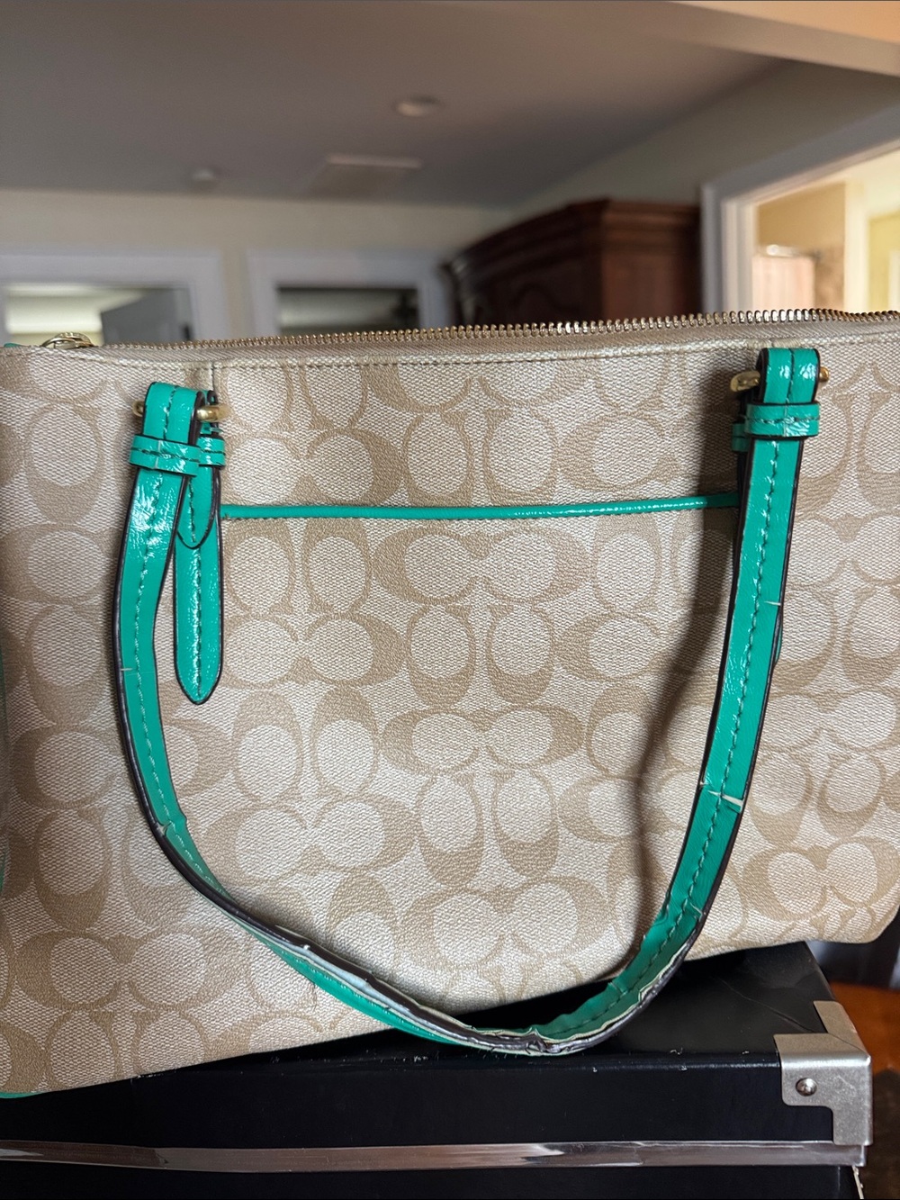 Coach Beige Signature Tote with Teal Trim and Straps - Picture 6 of 7